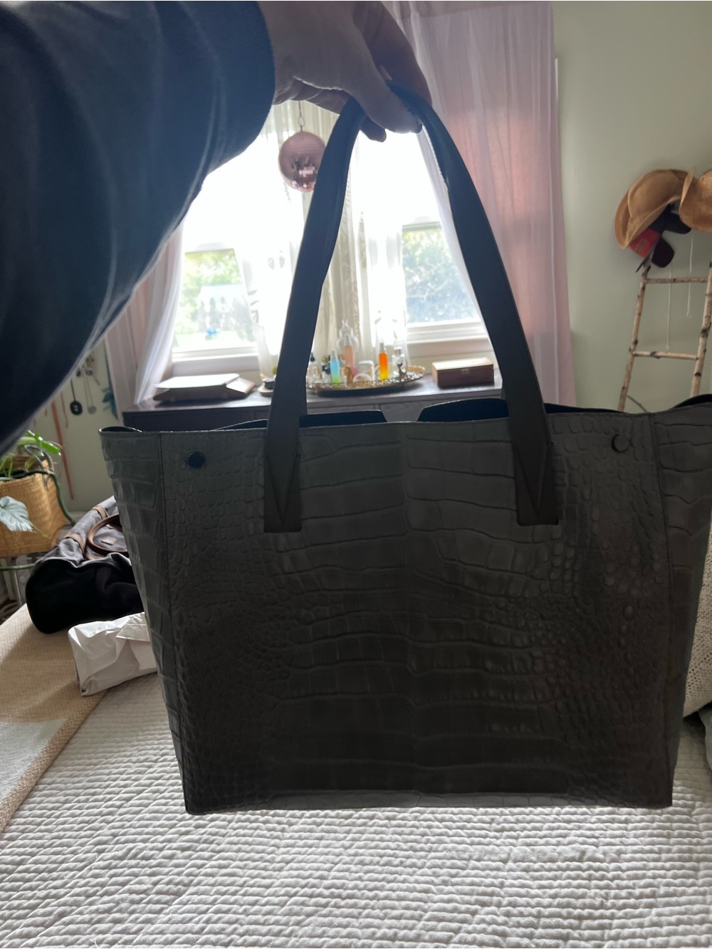 Vince Black Croc-Embossed Tote